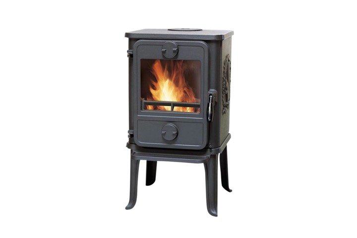 Morsø Danish cast iron wood stove with fire visible through the glass door